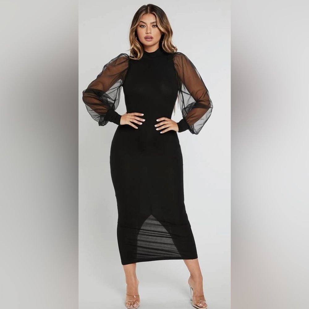 Mock Neck Contrast Mesh Lantern Sleeve Split Hem Dress